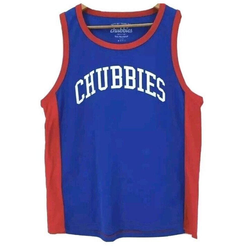 Chubbies Tank Top Men's Large Blue Red Jersey Material Spellout USA Summ…